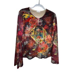 Boho Colorful Bell Sleeve Floral‎ Ultra Suede Rhinestone Top Shirt Blouse Medium